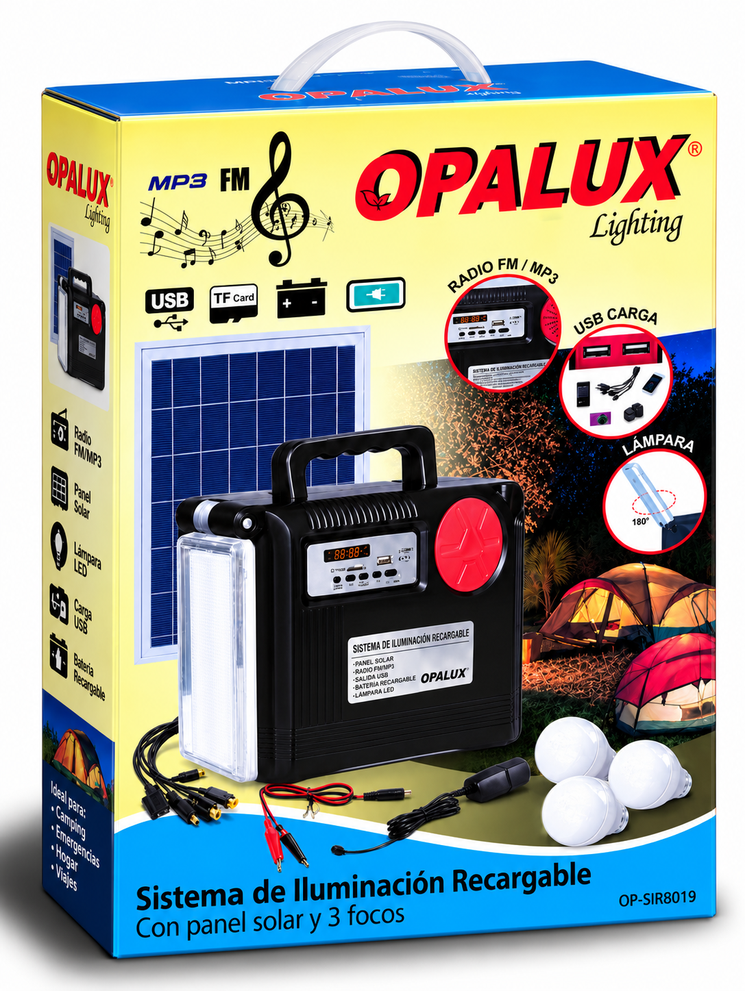Sistema De Iluminacion Recargable Con Panel Solar 3 Focos Opalux Op-sir8019