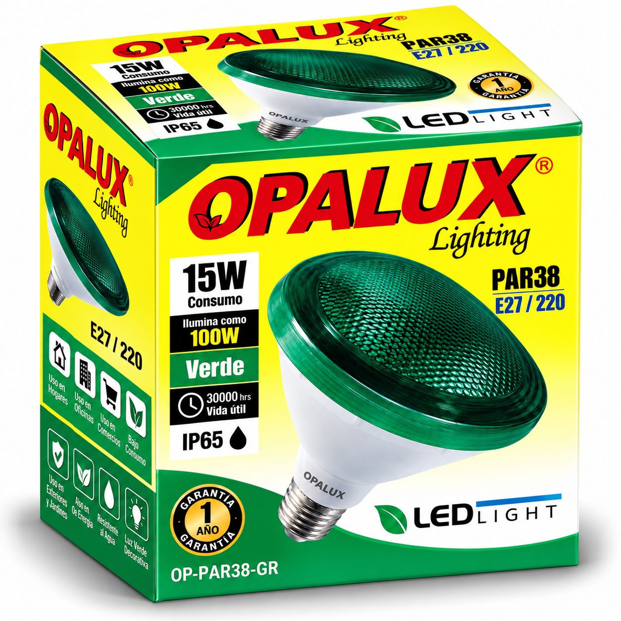 Foco Par38 15w Color Verde E27 Ip65 220v  Op-par38-gr