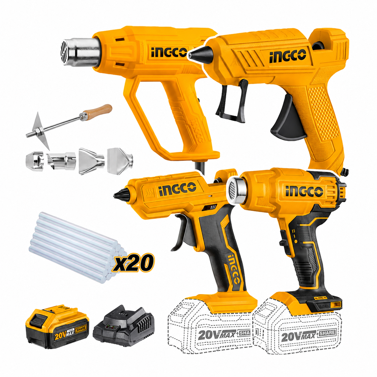PISTOLA CALOR X 2PZS, PISTOLA SILICONA X 2PZS A BAT. Y A CORR. INGCO COSLI23021