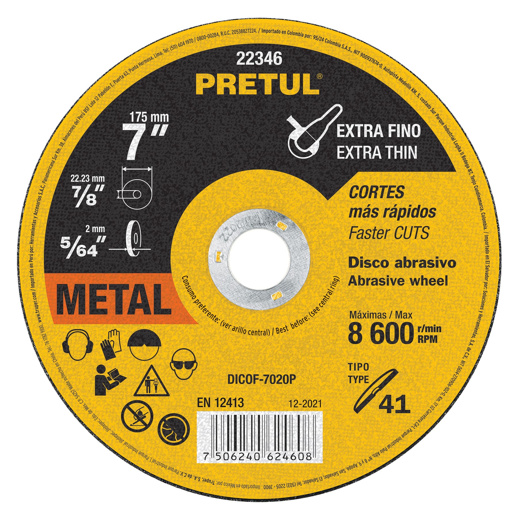 DISCO CORTE METAL 2MM 7" PRETUL 22346