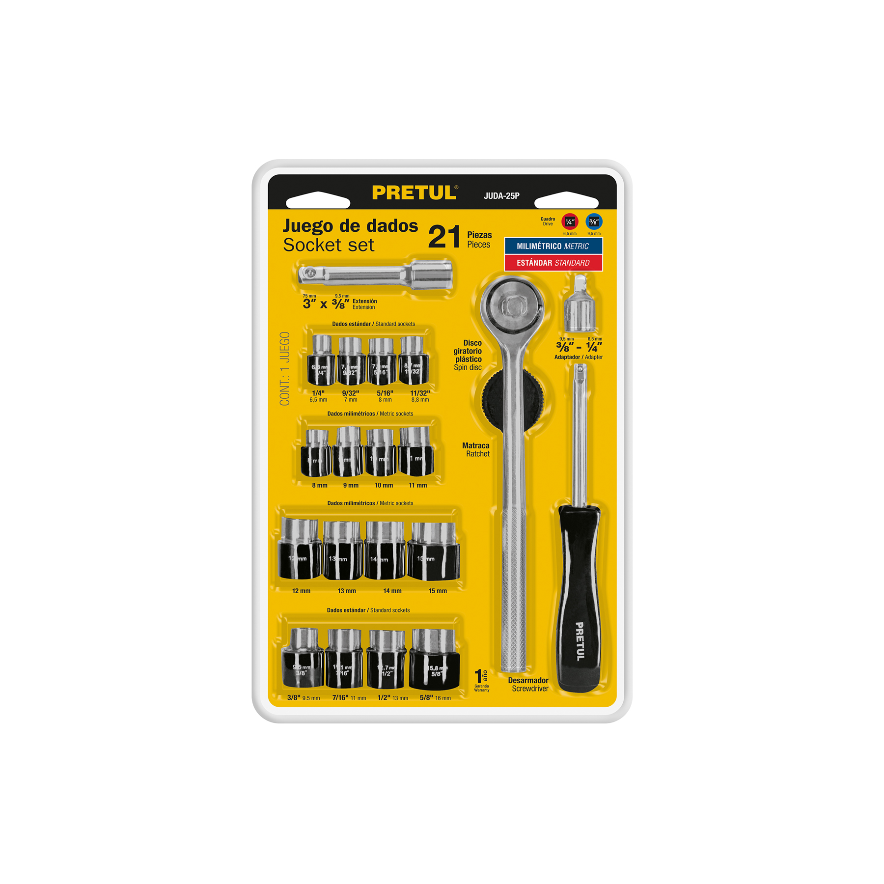 Dado Hexag. + Llav Ratchet 1/4,3/8 Kitx21pcs Pretul 21162